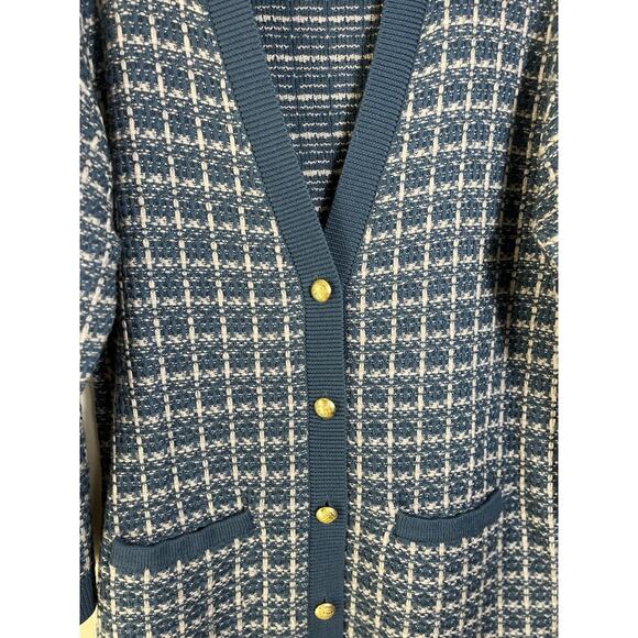 Talbots Pure Merino Wool V Neck Cardigan Sweater Size XLP Textured Plaid Blue - Picture 6 of 13